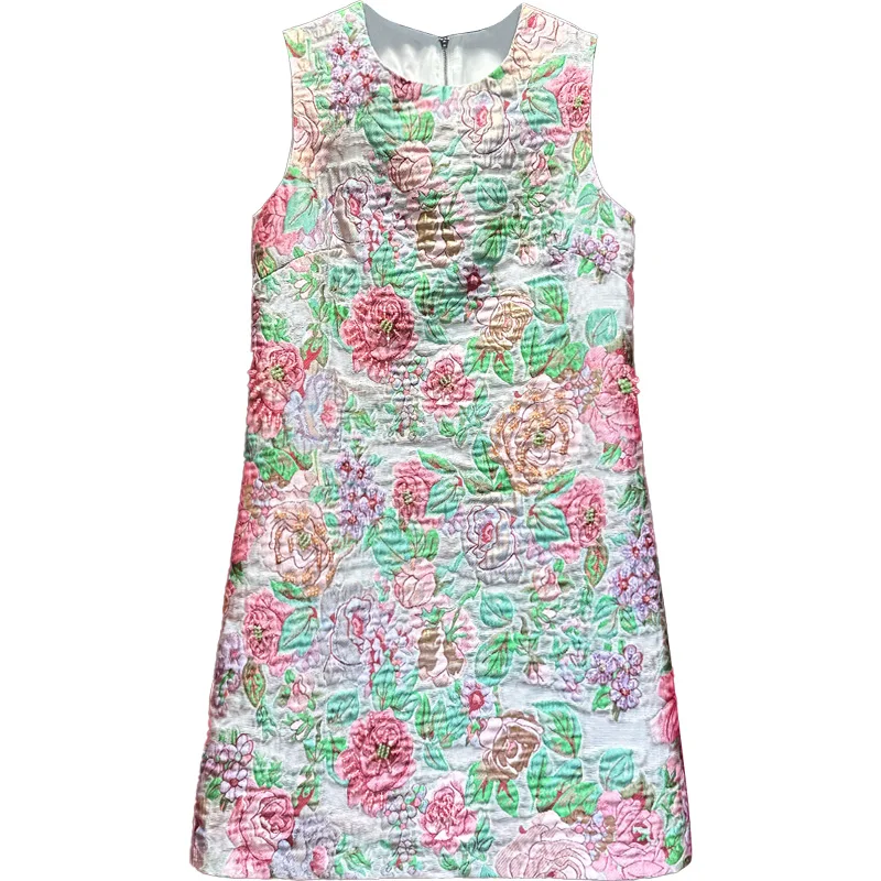 ラグジュアリーダイヤモンドビーズジャカードショートAラインドレス2025新作夏ノースリーブミニドレスエレガントレディOネック女性タンクドレス