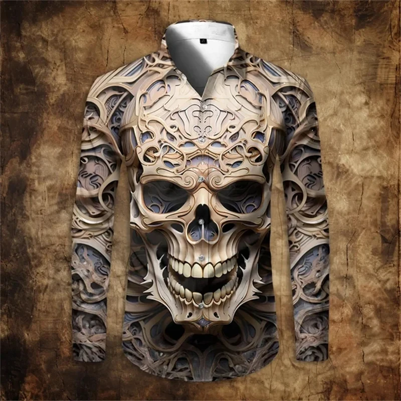 Newest Skull 3D Printed Long Sleeve Shirts For Men Cloths Vintage Lapel Button Tops Casual High Quality Streetwear Shirt Male