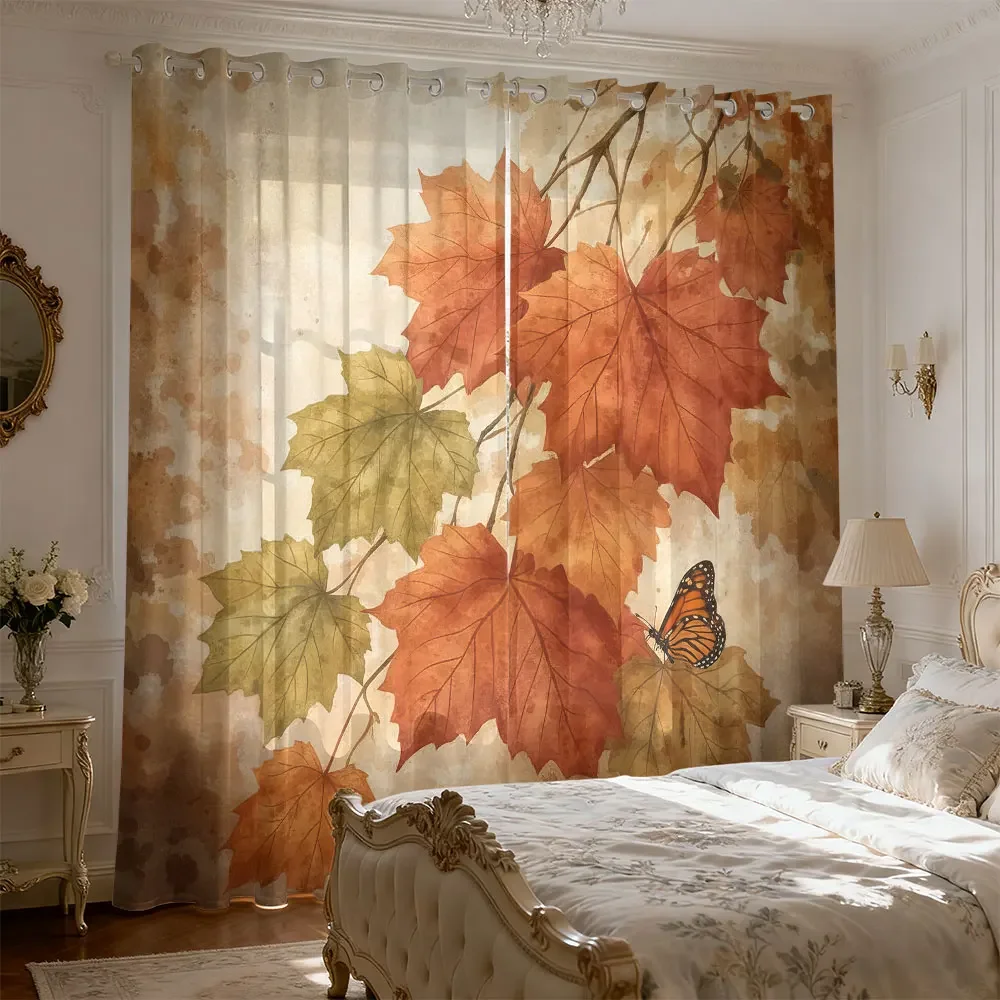 2pcs retro watercolor maple leaf butterfly curtainsr living room and bedroom blocking light