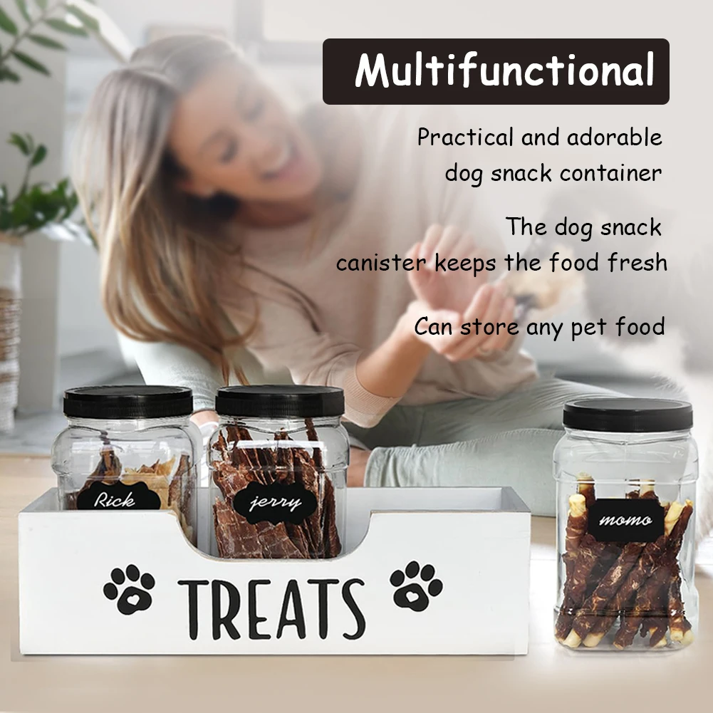 나무로 만든 애완동물 간식 보관함 플라스틱 간식통 음식 보관 홀더 (화이트)