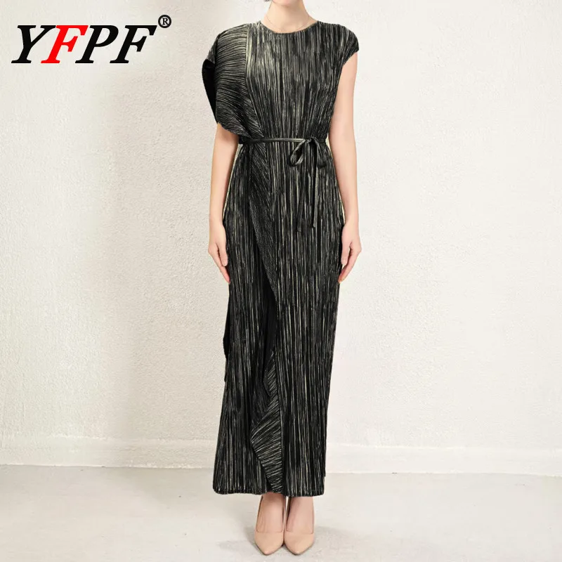 

YFPF Miyake Pleated Dress Women Elegant Ruffles Sleeve Belt Gathered Waist Slim Long Evening Dresses Fashion 2025 New 3A401