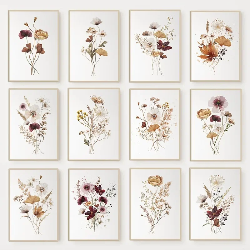 Watercolor Flower Wildflowers Bouquet Poster Minimalist Neutral Floral Botanical Canvas Painting Boho Wall Art Room Home Deco