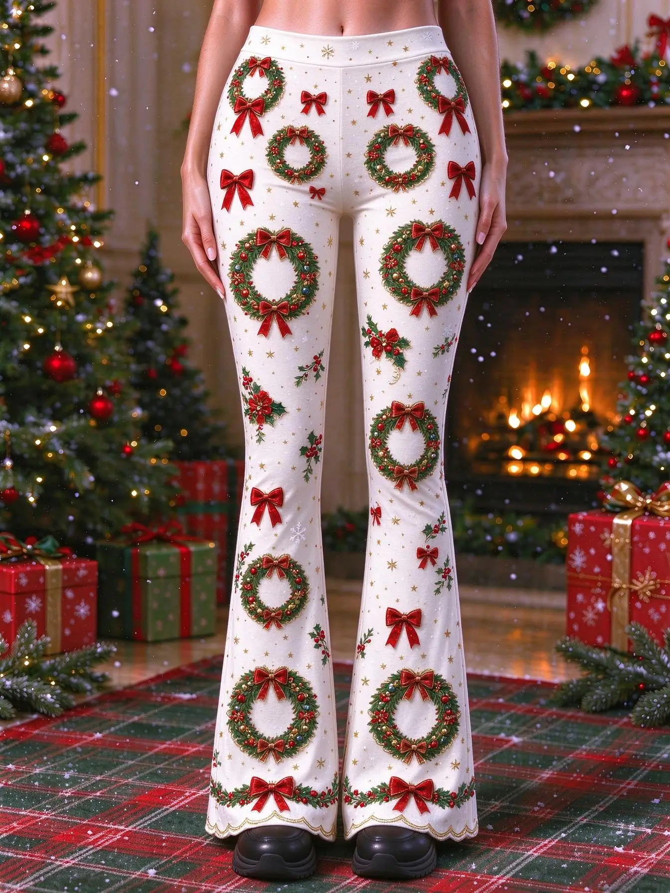 Women Mid-Rise Slim Flared Pants Christmas Cream Red Spliced Wreath Golden Bell Snowflake Floral Print Stretch Bottoms
