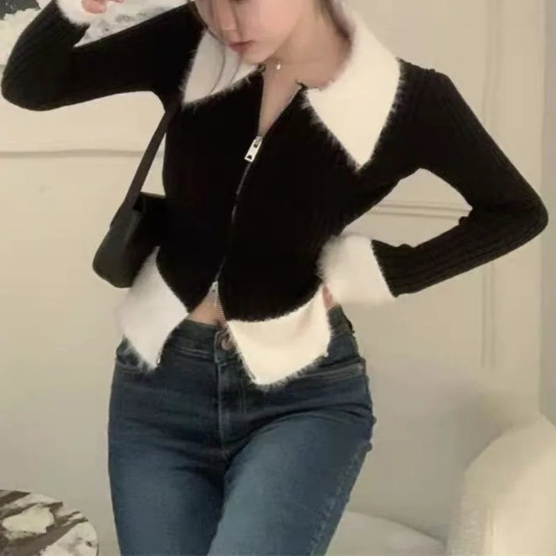 

Lapel Sweater for Women Autumn Winter New Design Knitted Cardigan Sweet Spicy Short Polo Zipper Top