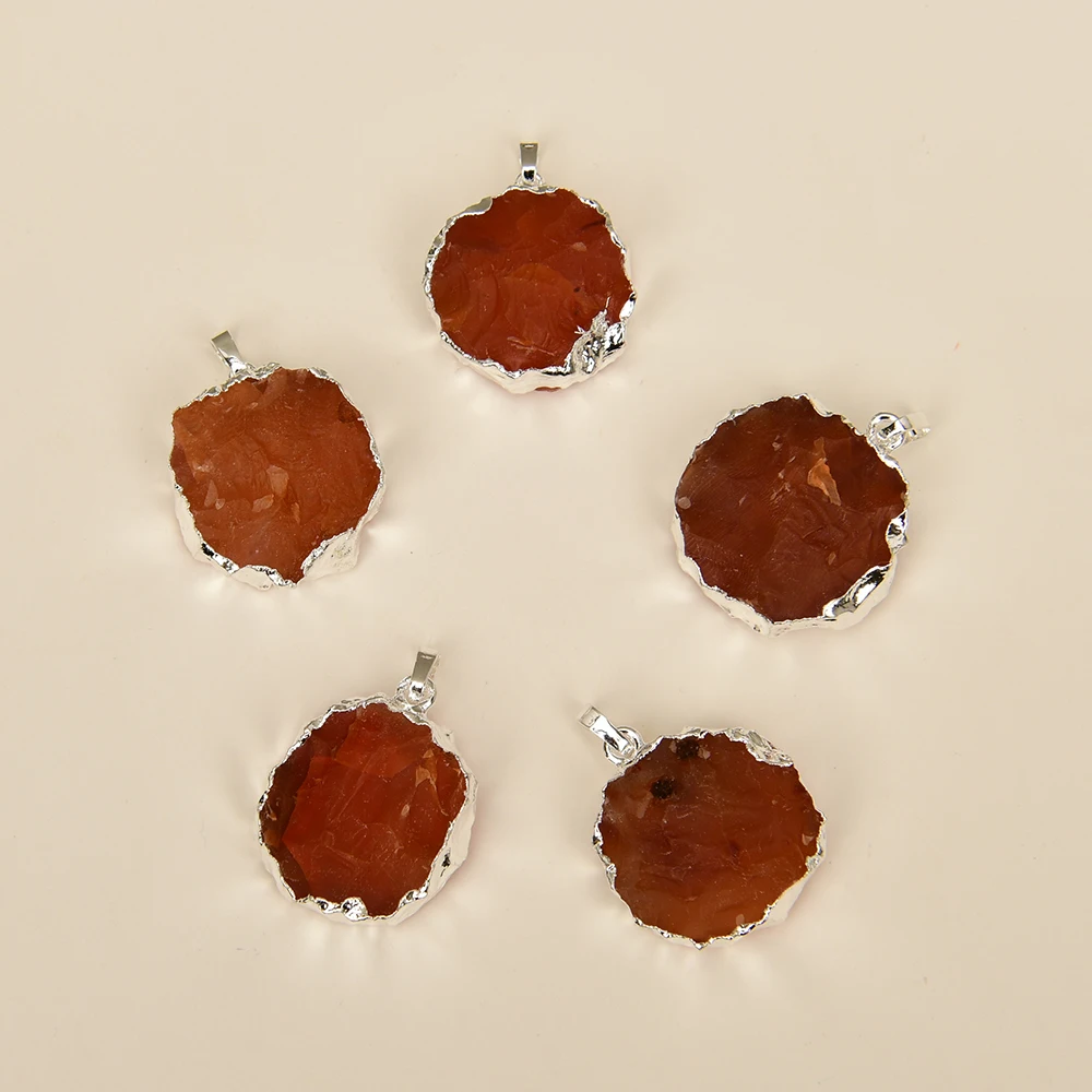 APDGG Wholesale 5 Pcs Natural Red Agate Rough Raw Gems Material 925 Silver Plated Pendant Charm Jewelry Making DIY