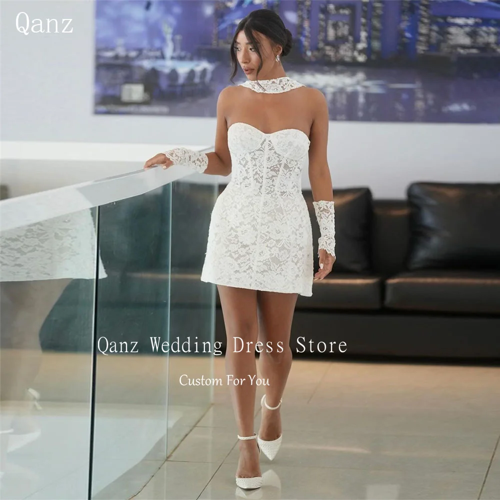 

Qanz White Short Wedding Dress Sweetheart Lace Appliques Above Knee Robe De Mariée Detachable Sleeves Party Dresses Customized