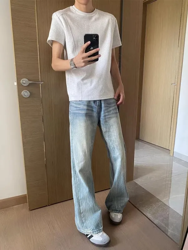 

Cleanfit Slim Fit High Waist Jeans Men Summer Thin Knife Washed out Bootcut Pants Cotton Polyester Youth Casual Jeans