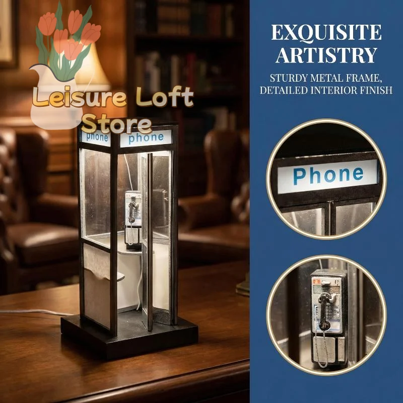 Retro Vintage Tall Phone Booth Table Lamp – Classic Telephone Booth with Warm LED Light, Decorative Night Light & Desktop Decor