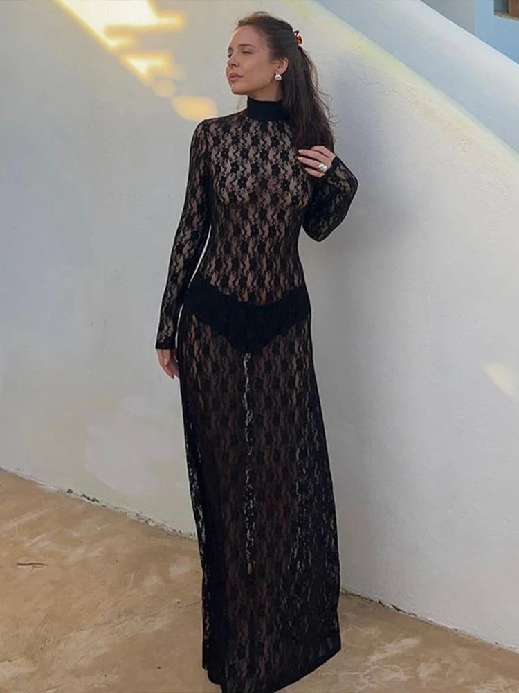 Tossy See-through Mesh Tight Maxi Dress Sexy Hollow Out Lace Mesh Patchwork Women Fashion Full Sleeve Banquent Long Dress 2024