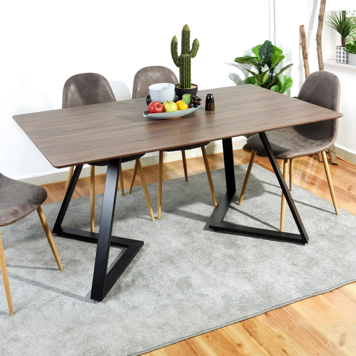 

6 Seats Rectangle Dinning Table 160x85x75CM Metal & Wood Meeting Desk Brown[US-W]