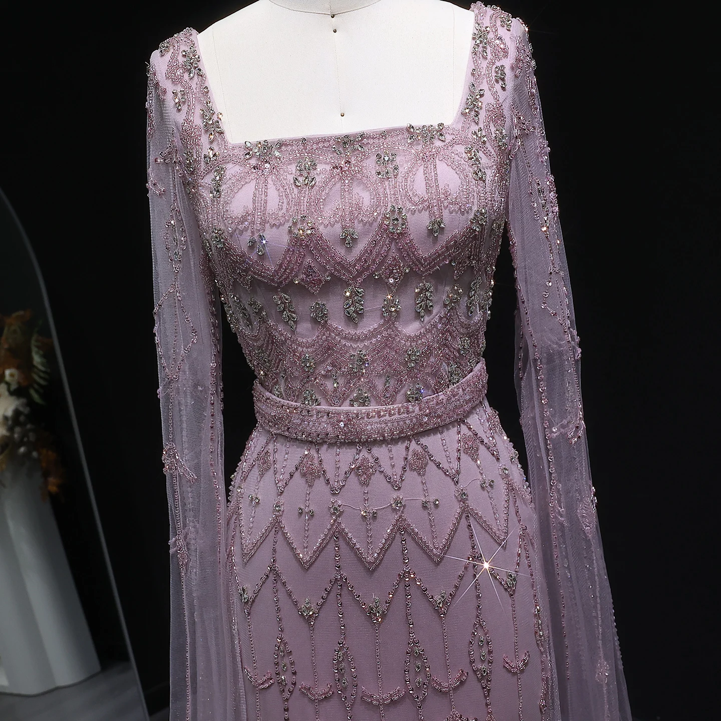 Sharon Said Luxuriöses Kristallrosa Quadratisches Abendkleid mit Cape-Ärmeln, Türkis, Arabische Damen Hochzeitsfeierkleider SS089, Anpassbar – Detail 17