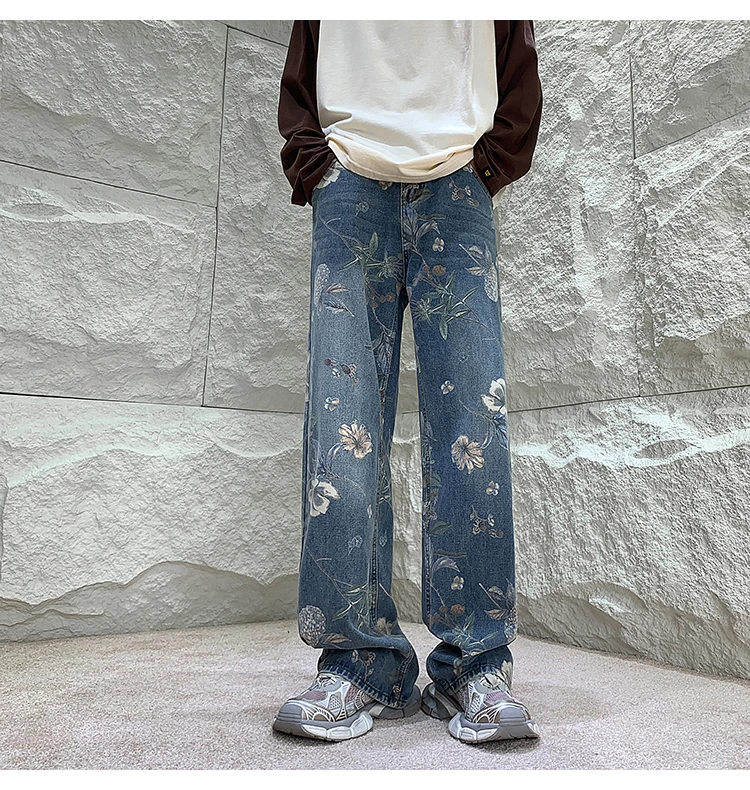 Mens Fashion Printed Jeans 2024 Spring Floral Denim Mopping Trousers Korean Style High Street Loose Hip Hop Wide-leg Jean Pants