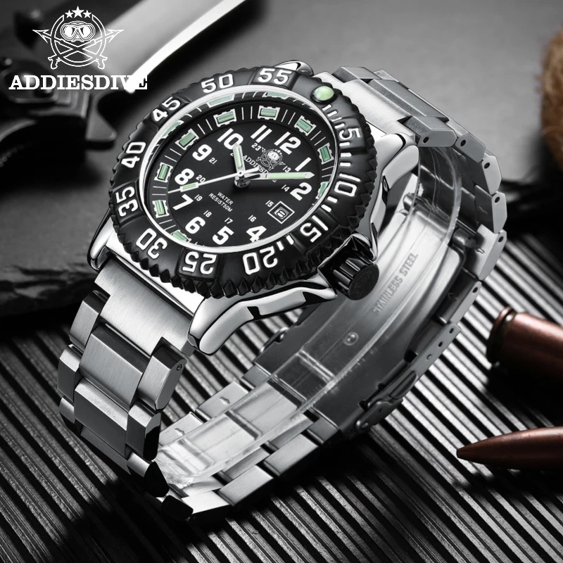 ADDIESDIVE  Men Fashion Casual Watch Calendar Display 50m Waterproof Tube Luminous Watch Black Dial Rotating Bezel Quartz Watch