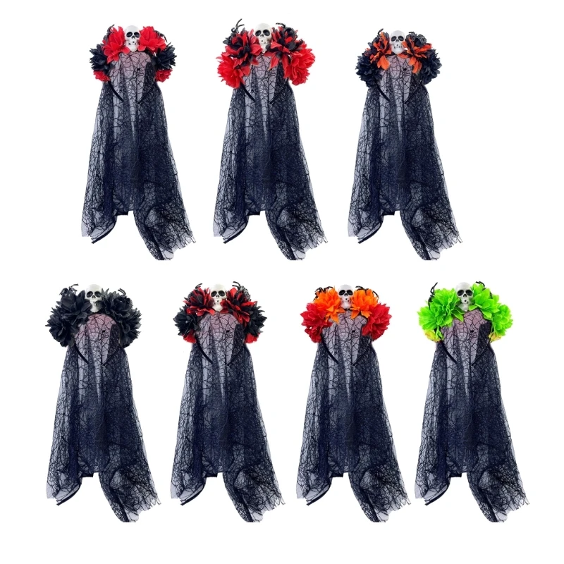 

S1Y1 Scary Veil Hairband Skull Flower Hairhoop Halloween Party Costume Props Headband