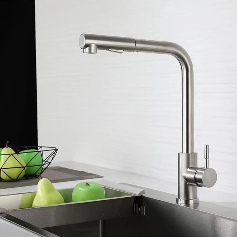 Stainless Steel Pull Out Kitchen Sink Faucet Black Hot Cold Mixer Washbasin Tap Deck Mounted Single Hole Handle Swivel Sprayer