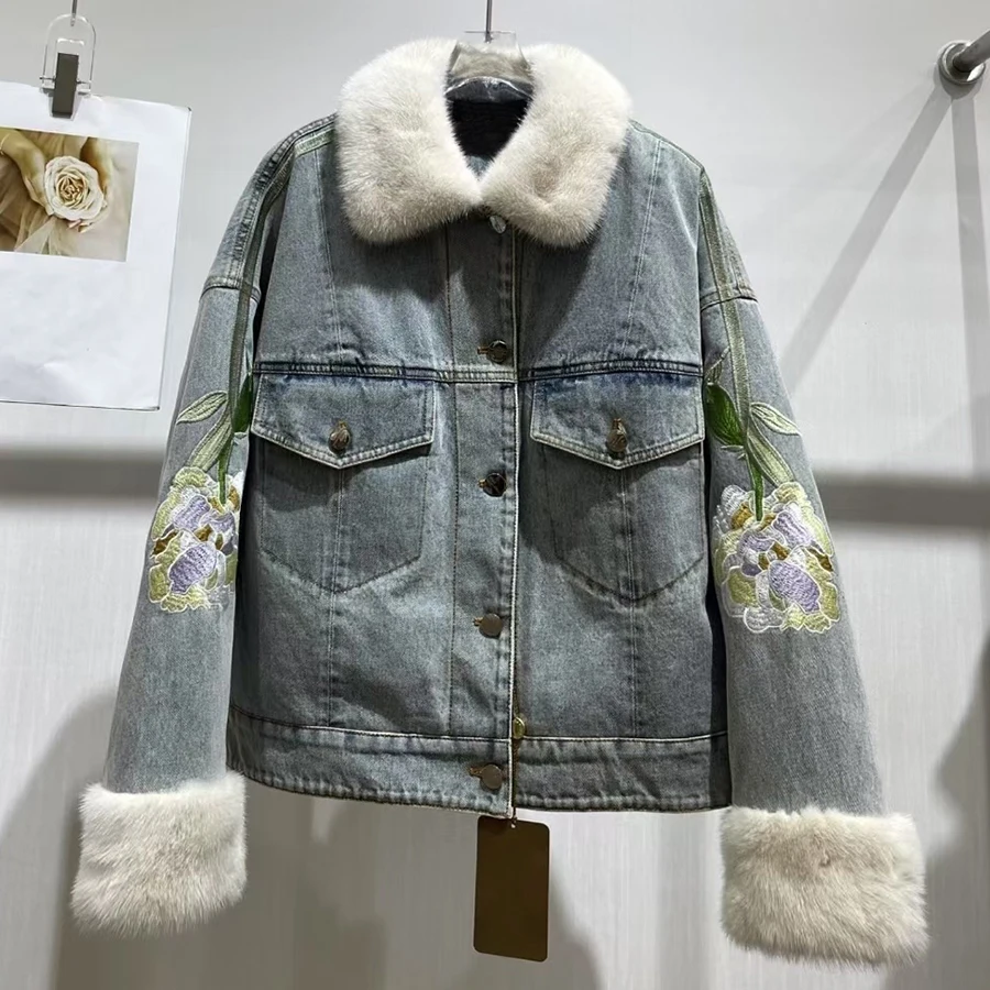 여성용 데님 봄버 재킷 화이트 내추럴 밍크 퍼 재킷 숏 다운 재킷 천연 퍼 베스트셀러 퍼리 재킷