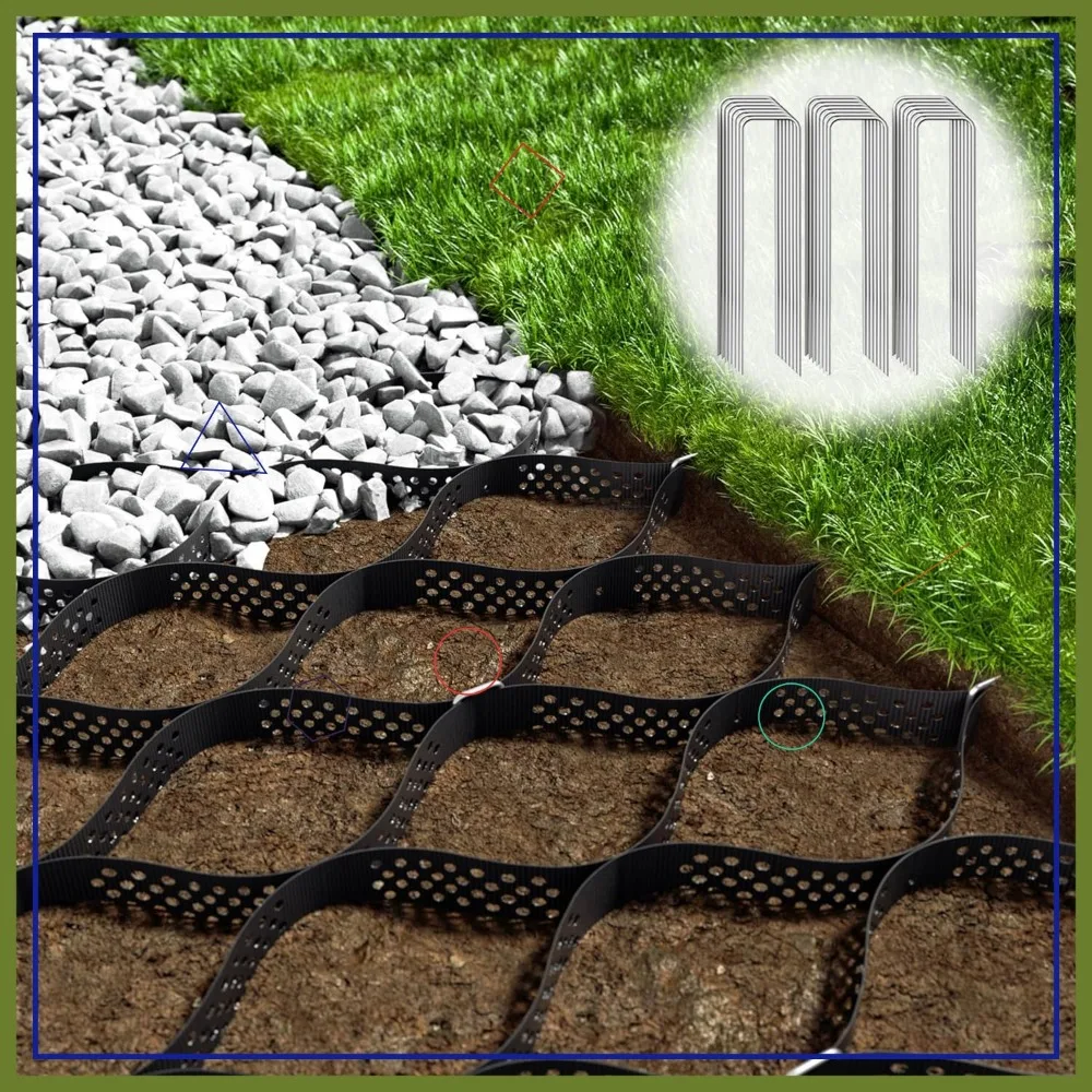 

Gravel Grid 4.4x33 FT with 20 Staples, 2" Thick Geogrid, 2200 lbs/sq ft Erosion Control for Driveway, Horse Paddock