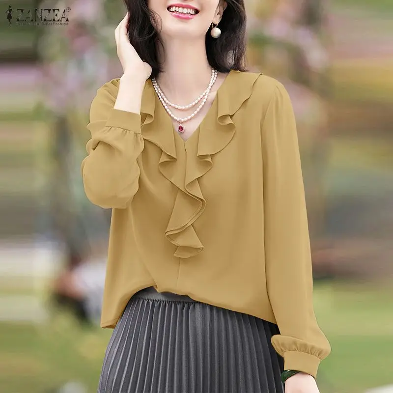 

Женские блузки ZANZEA с рюшами и V-образным вырезом, однотонные пуловеры с длинными рукавами, элегантные повседневные топы, весна 2026