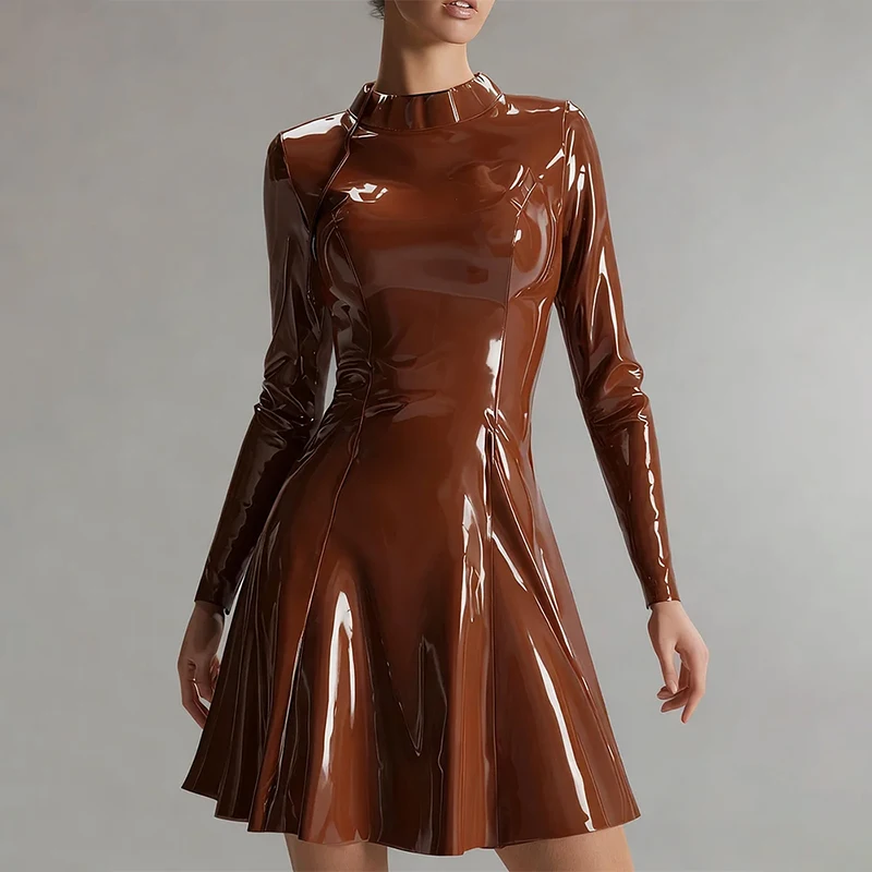 

PU Leather Dresses for Women Mock Neck Back Zipper Slim Fit Mini Dress Women Long Sleeve Elegant A-Line Dress Streetwear Dress
