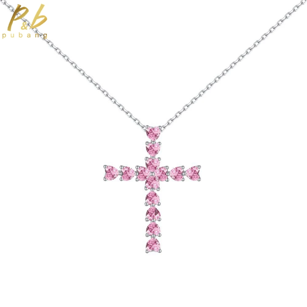 

PuBang Fine Jewelry 100% 925 Sterling Silver Created Moissanite Pink Cross Pendant Necklace for Women Anniversary Gift Wholesale