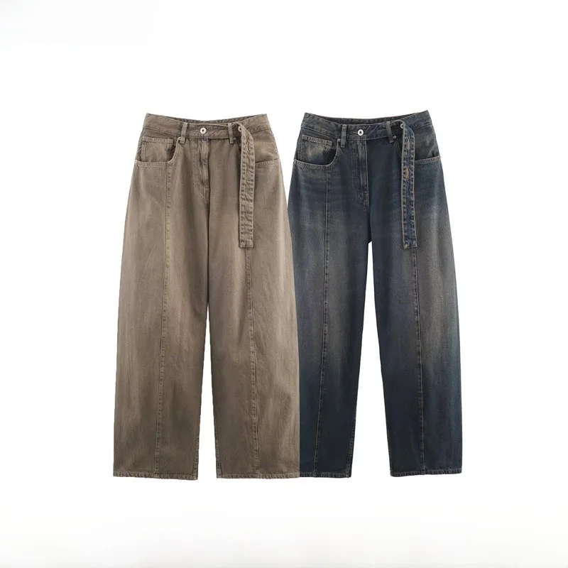 Early Autumn New Women's Loose Cylindrical Low Waist Jeans Fashionable Versatile Polyester Fiber Casual Trousers