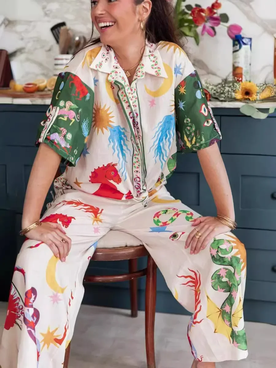 

Casual Women Fashion Print Summer Short Sleeve Holiday Shirt New Loose Long Pants Blouse Suit Outfits 2 Piece Set Beach Top 2024