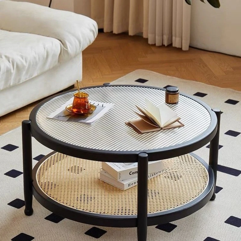 

Japanese glass coffee table Changhong solid wood rattan combination Nordic simple living room household small apartment round