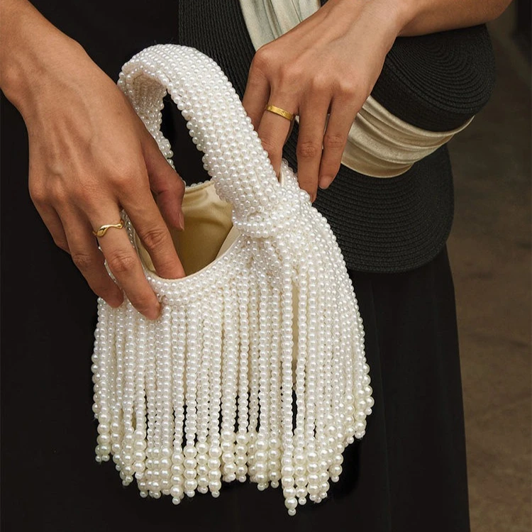French Vintage Luxury Handwoven Pearl Tassel Dumpling Tote Bag Women Evening Party Clutch Handbag