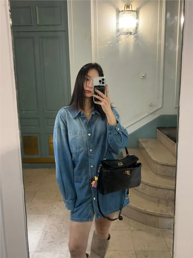 เดรสยีนส์สปริงสำหรับผู้หญิง แฟชั่นใหม่ แขนยาว เดรสเชิ้ตสไตล์เกาหลี ชุดลำลองยีนส์สำหรับผู้หญิง