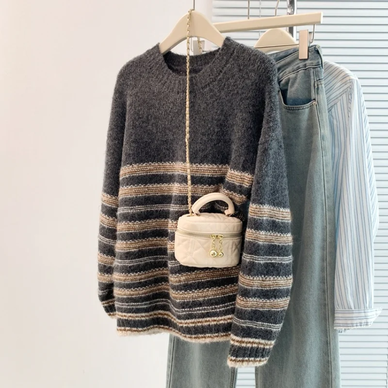 

Color Block Stripe Pullover Knitwear Winter Autumn New Design Sense Lazy Style Temperament Casual Versatile Women Sweater