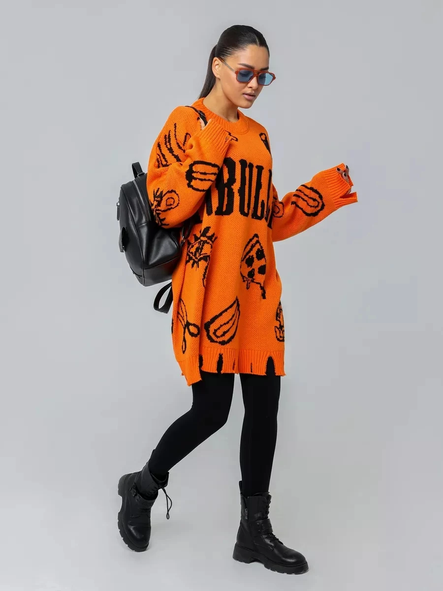 Women's Oversized Loose Gothic Long Sleeve Sweater Y2k Halloween Anime Print Knitted Long Oversized Unisex Sweater