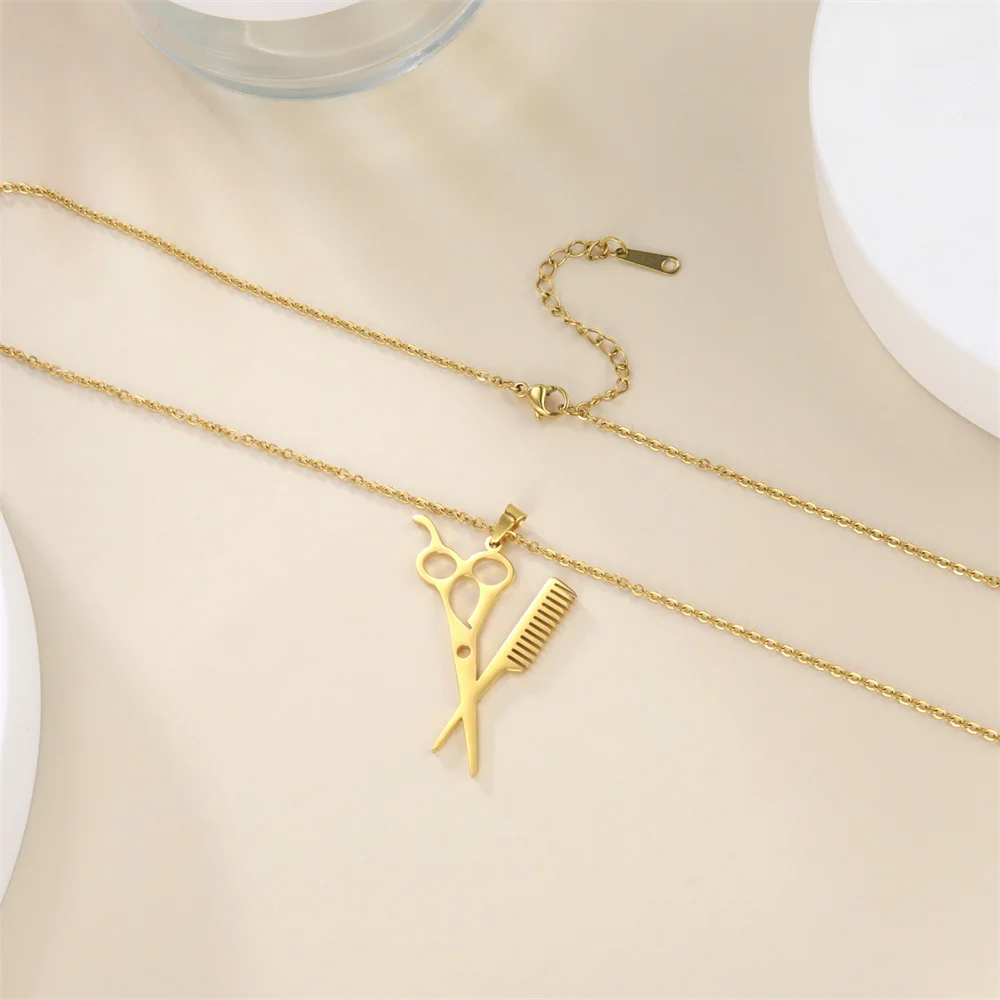 Lemegeton Stainless Steel Scissor Pendant Necklace for Women Hairdresser Stylist Scissors Comb Necklaces Punk Jewelry Gifts