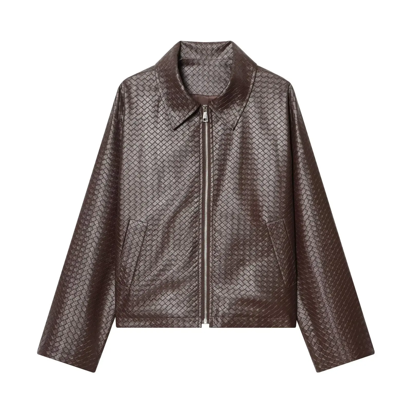 

Women's woven leather-textured short jacket with a turn-down collar DYKL