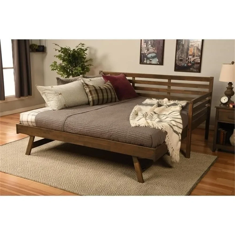 Twin to King Size Daybed with Pop Up Trundle in Wood in Rustic Walnut, No Box Spring Needed, Up to 500 lbs Weight Capacity