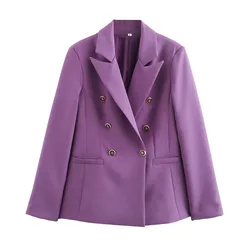 2024 Summer New Fashion Women's Avant-garde Casual Slim Fit Purple Double breasted Elegant Suit Coat