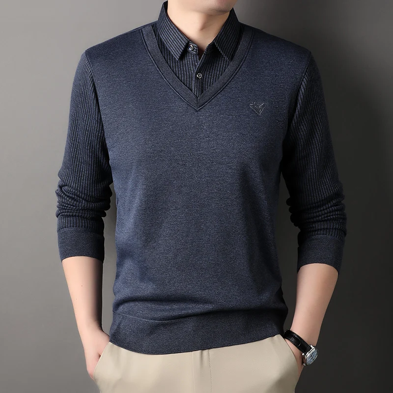 New Autumn Men\'s Polo Collar Shirts Fashion Knitting Pullovers Striped Thick Polo Shirts Slim Fit Korean Mens Top Clothes