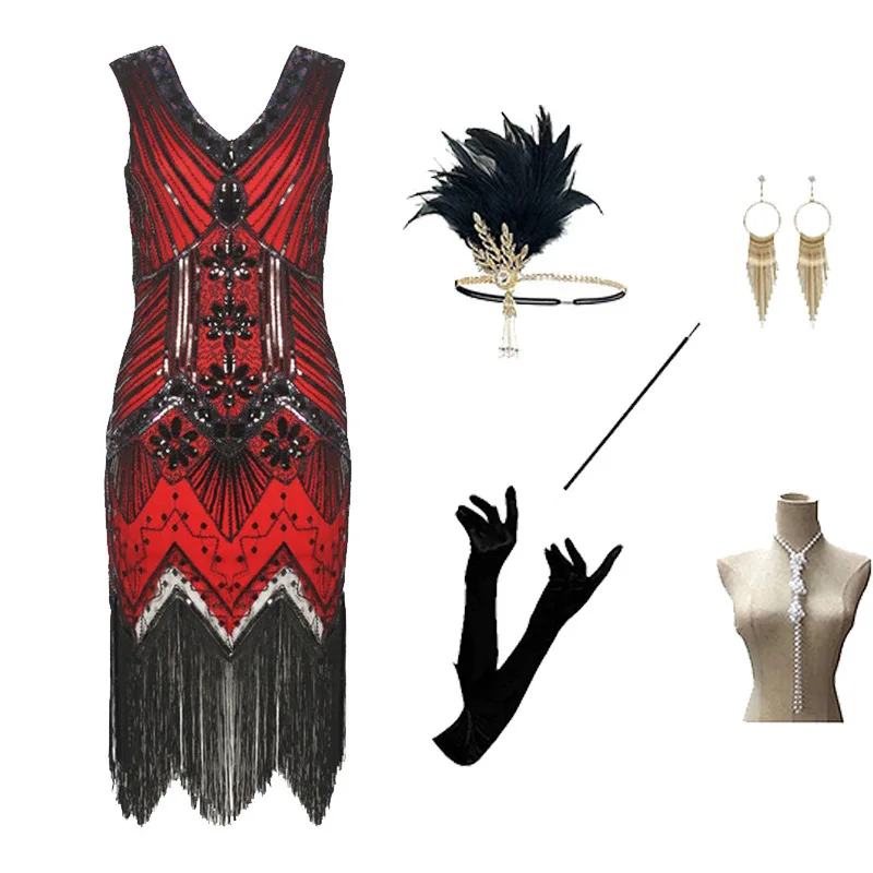 Sukienka na wieczór Halloween, zdobiona koralikami, z frędzlami, bogato zdobiona, błyszcząca, damska moda, styl lata 920, elegancki kostium, suknia.