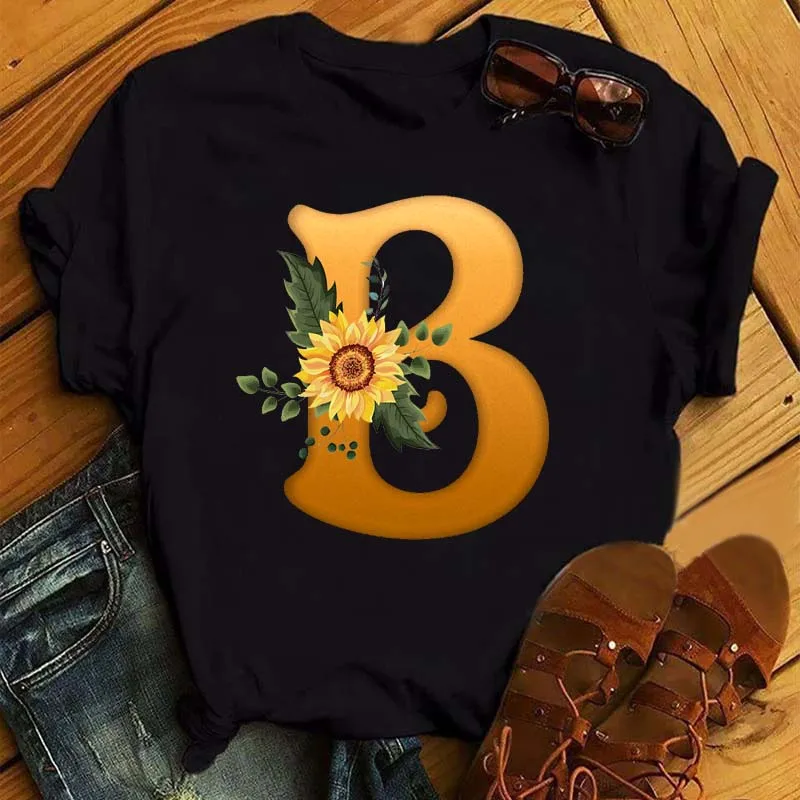 Custom Name Letter Combination Print Tshirt Sunflower Letter Font A B C D E F G Short Sleeve Ladies Tops Women's Summer T Shirt