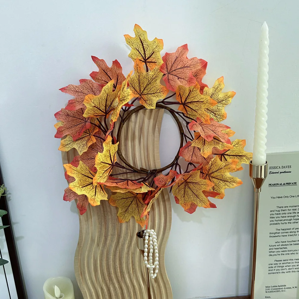 Autumn Maple Leaf Candle Wreath Rose Candlestick Decoration, Autumn Thanksgiving Halloween Harvest Festival Home Decoration