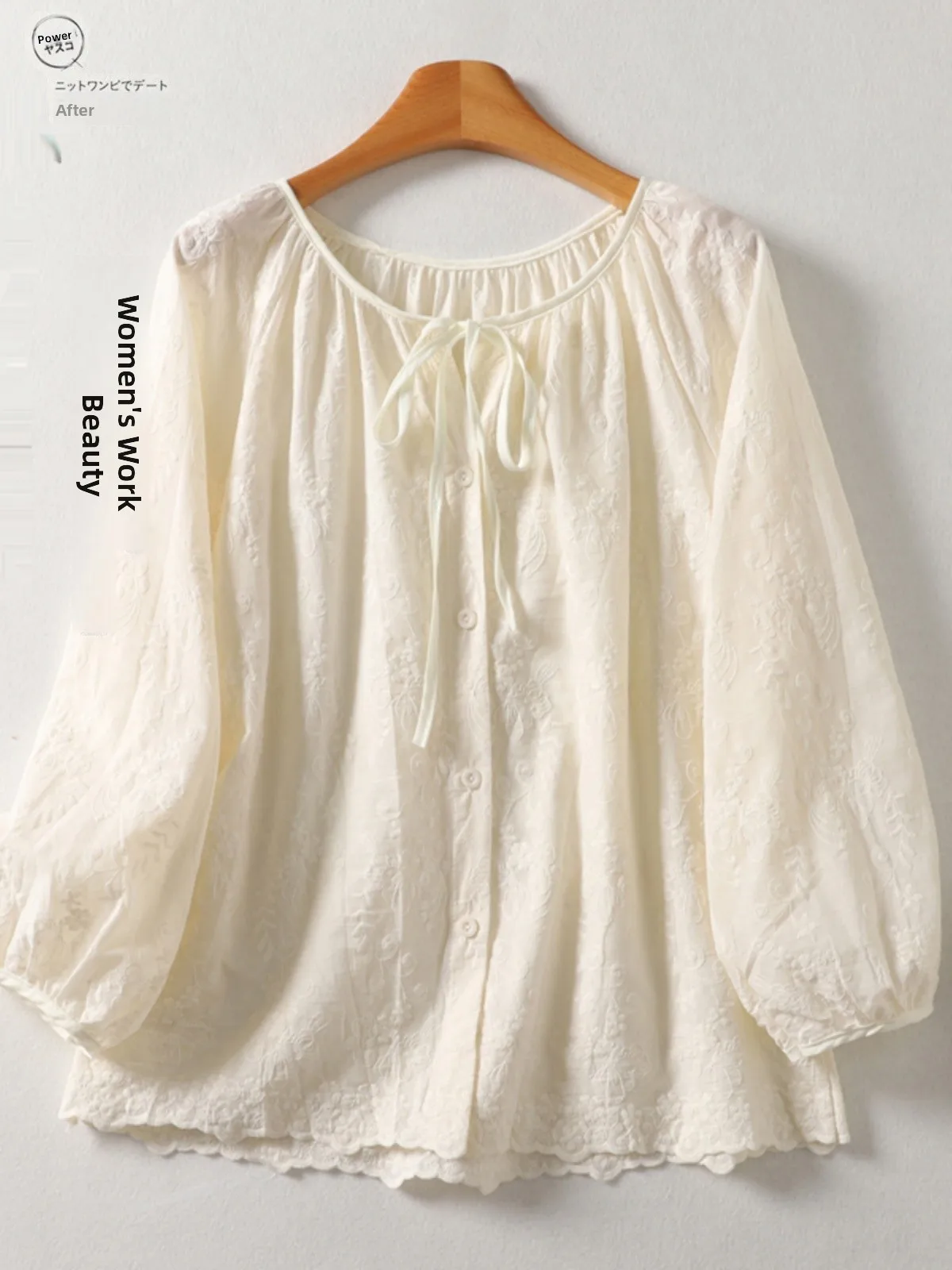 

Loose Fit Women's Cotton Linen Embroidered Shirt Korean Style Artistic Tunic Top with Belt Casual Spring Fashion