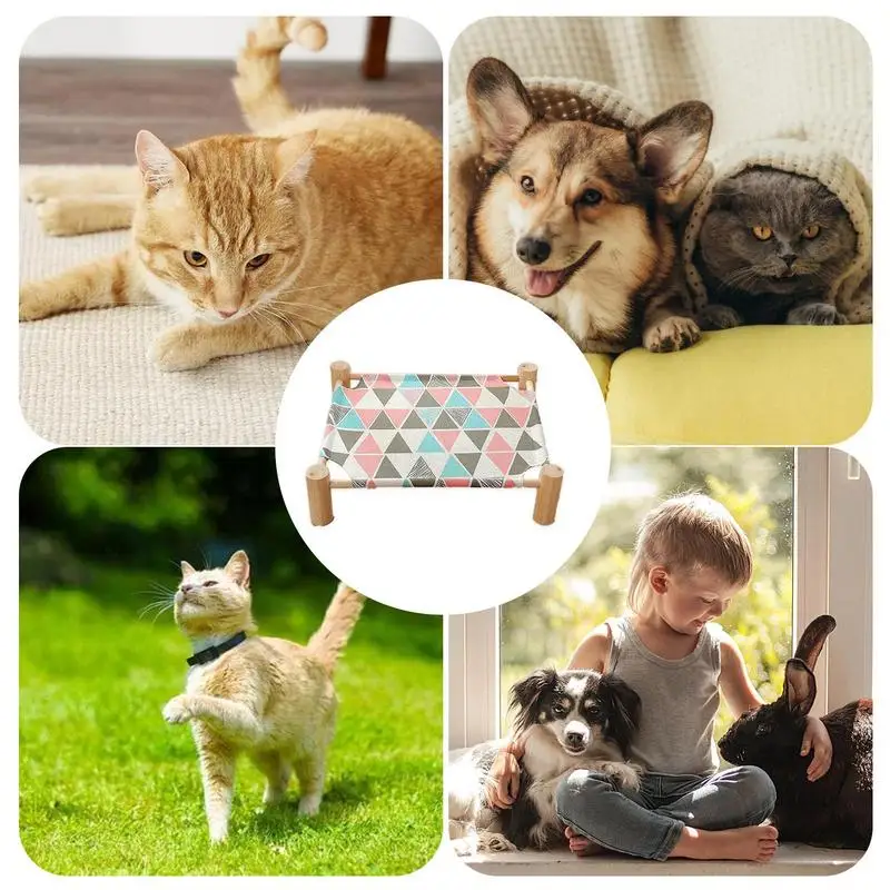 Pet Hammock Bed Freestanding Elevated Cat Dog Solid Wooden House For Sleeping Cooling In Summer Washable Detachable Pet Supplies