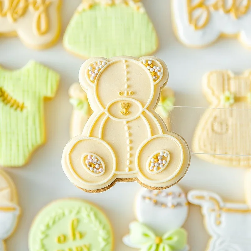 Cookie Mold Baby Shower Baby Dress Acrylic Cookie Cutter Reverse Stamp Embosser Bear Fondant Biscuit Mould Cake Decoration Tools