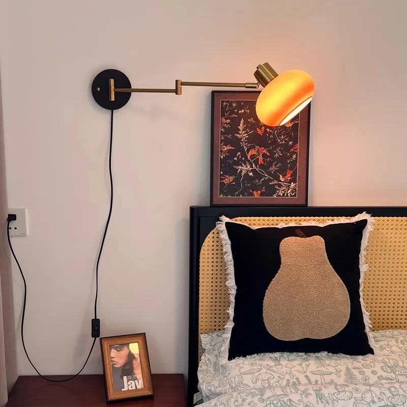 Medieval style bedroom bedside wall lamp Displaceable cream wind folding retractable persimmon lamp