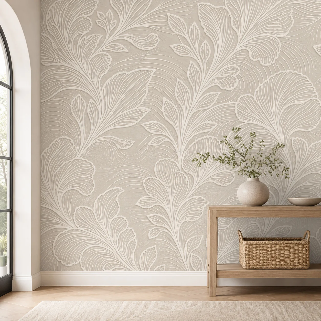 Neutral Beige Textured Leaf Wall Mural, Abstract Line‑Style Botanical Themed Decor Wallpaper, Non‑Self‑Adhesive