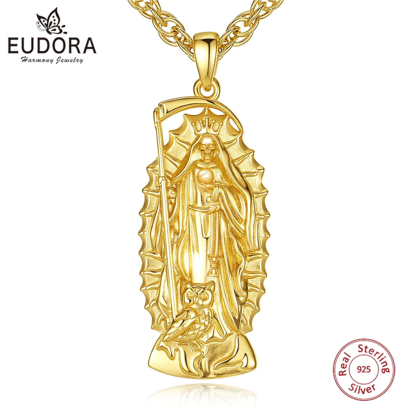 

Ожерелье Eudora из стерлингового серебра 925 пробы Santa Muerte, позолоченное 18 карат, коса Святой смерти, мексиканский кулон, духовные украшения для мужчин