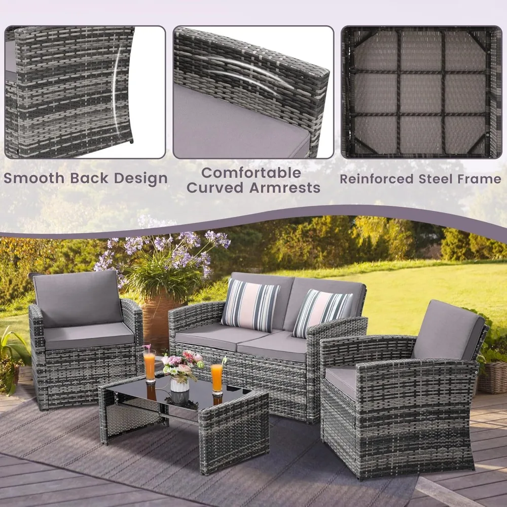 4 Pieces Patio Conversation Set, Outside Rattan Sectional Sofa, Cushioned Furniture Set, Wicker Sofa for Garden, Porch, Backyard