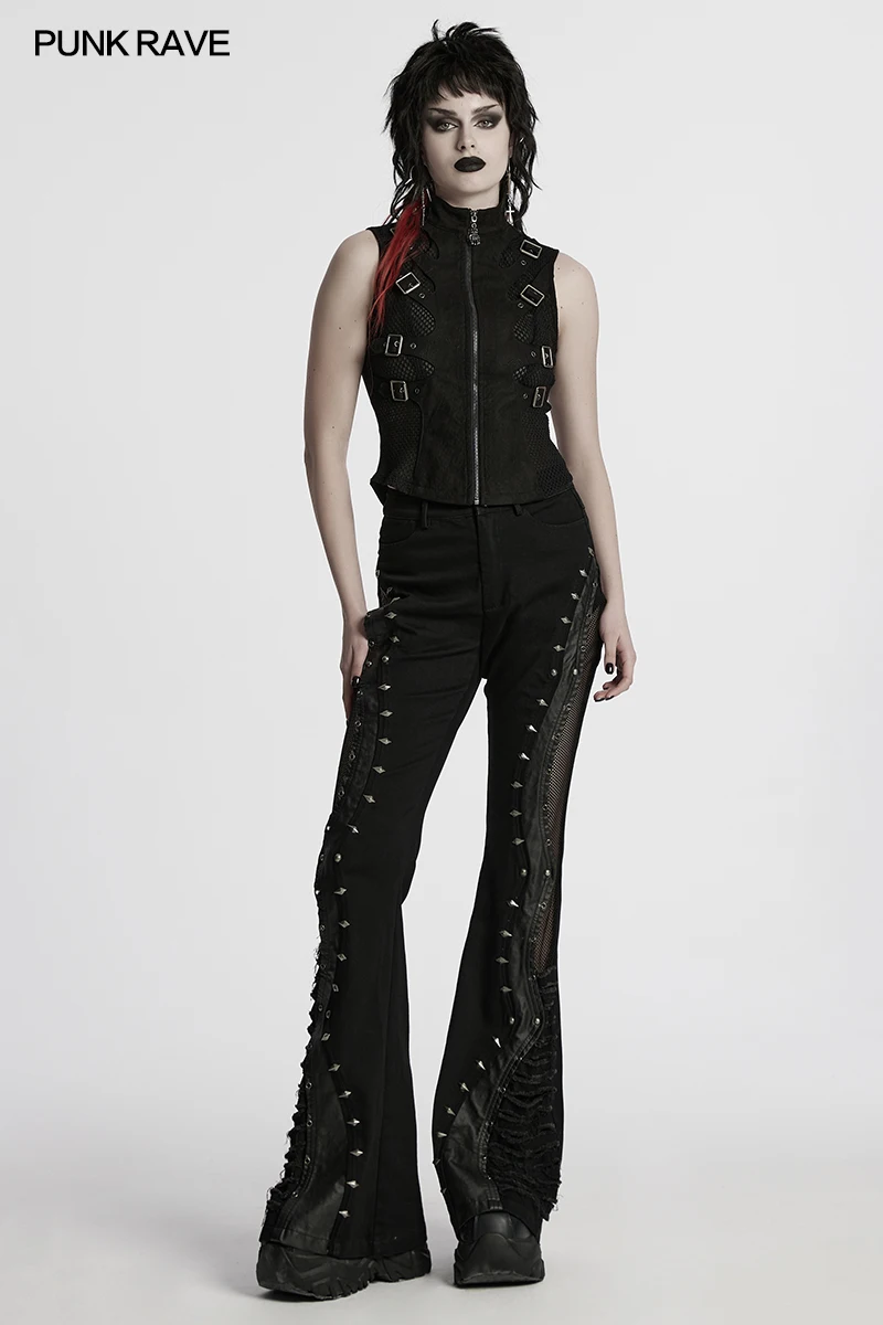 PUNK RAVE Women's Punk Both Sides Hollowed Skeleton Silhouette Vest Personality Handsome Cool Suede Textured Waistcoat Tops