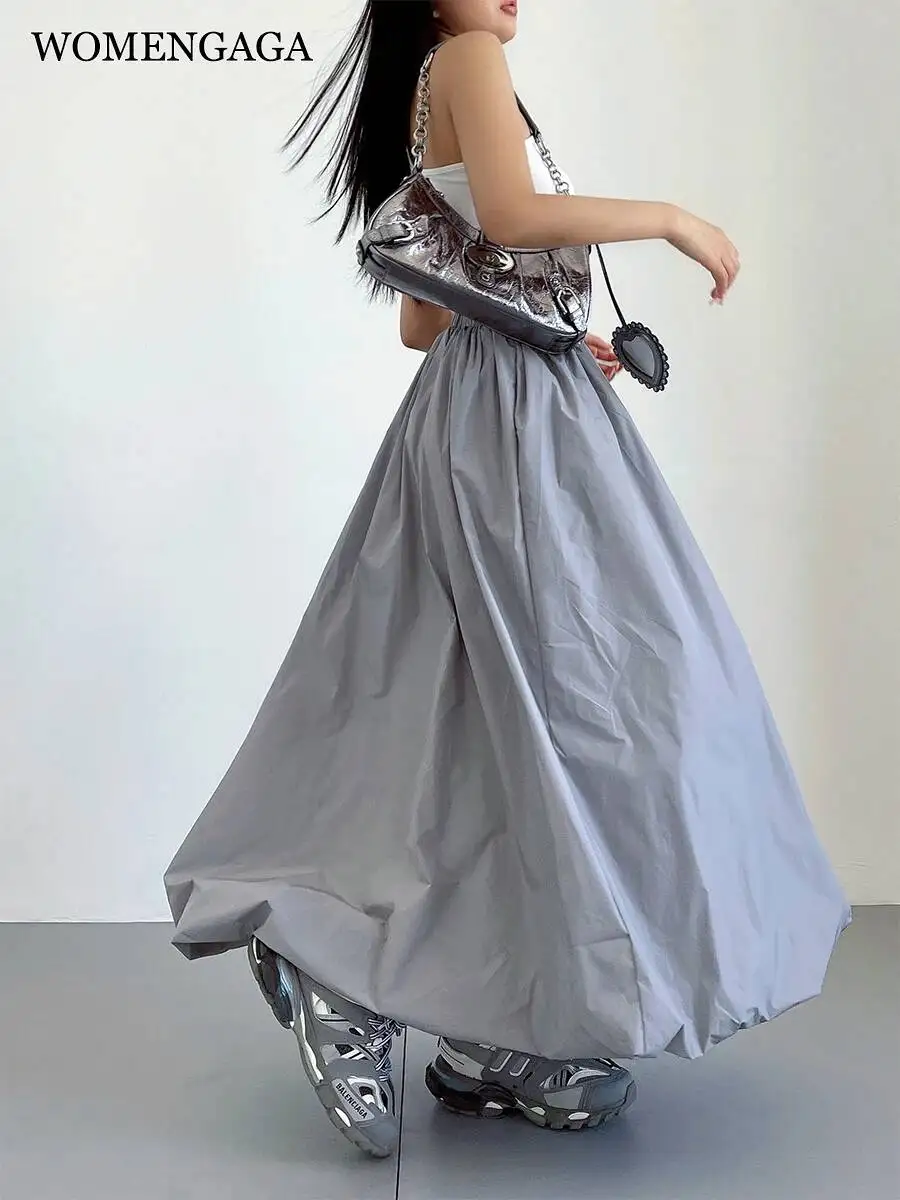 

WOMENGAGA Long SKIRT Women Summer Flower Sports Style Long High Waist Slim A-line Mid Length SKIRT Japanese Gray Korean R8VI