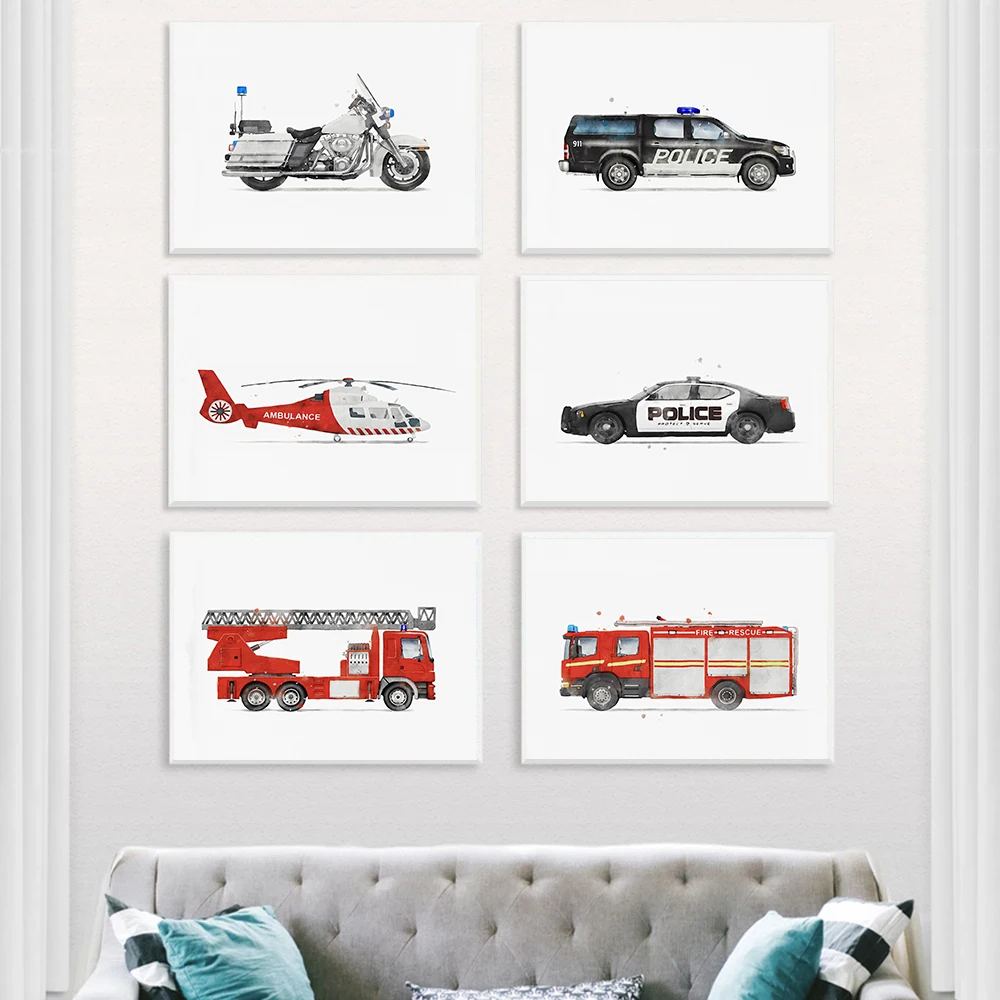 Classic Watercolor Truck Fire Truck Tractor Vehicle Art Posters Prints Canvas Painting Wall Art Picture Living Room Home Decor