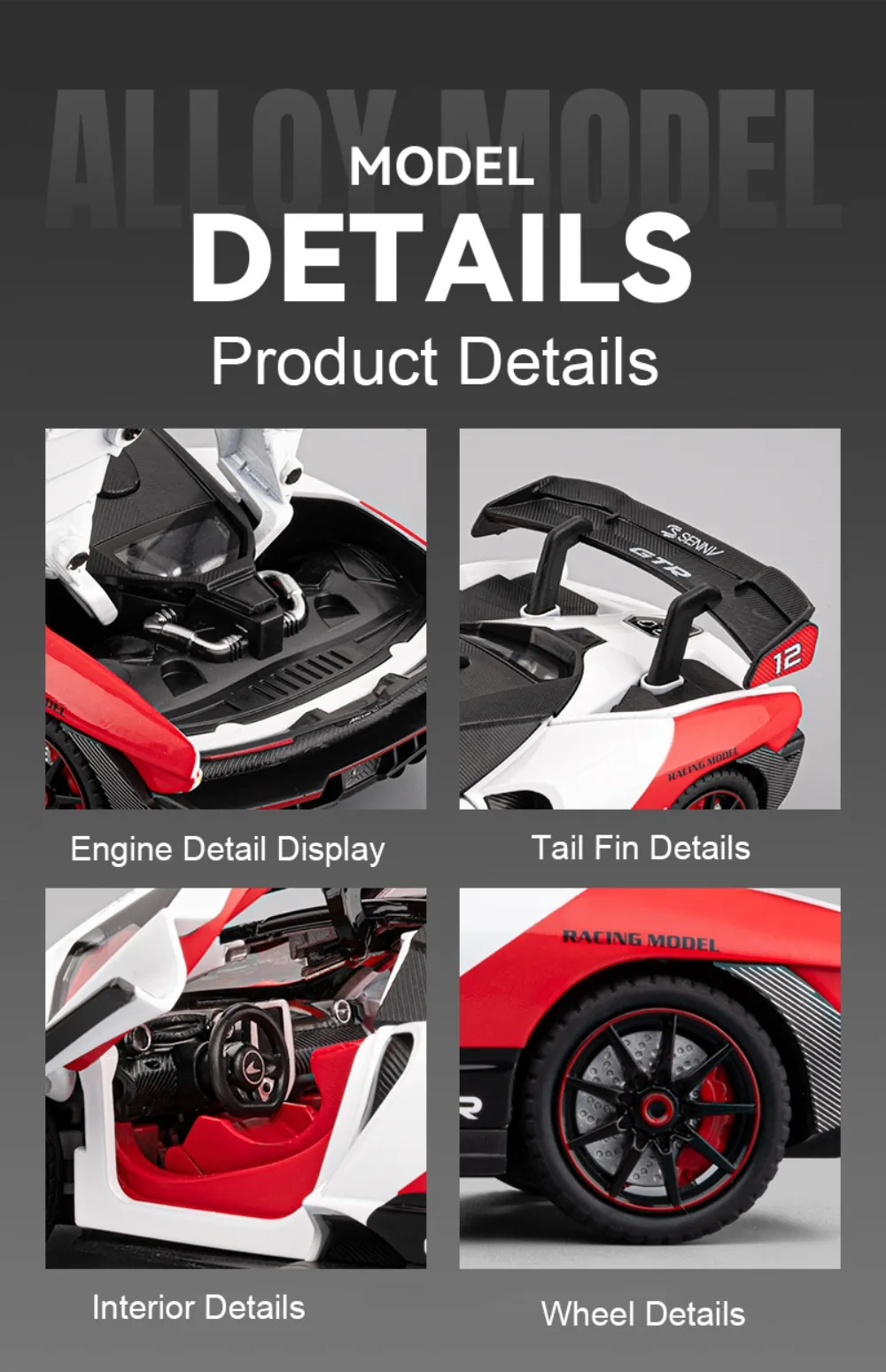 1:24 Senna GTR 720S Miniature Model Alloy Diecast Sports Car Toys Front Wheel Steering Sound Light Pull Back Boys Festival Gifts